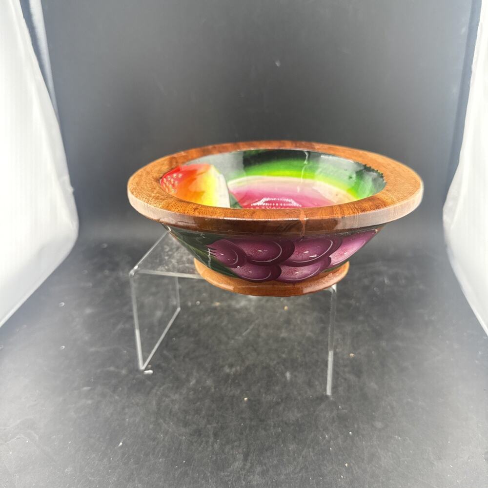 Vintage Mexican Folk Art Hand Painted Lacquered Wood Bowl Shiny Gloss Fruit 6.5”